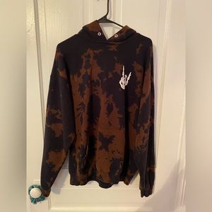 Black and brown tie dye hoodie with skeleton hand